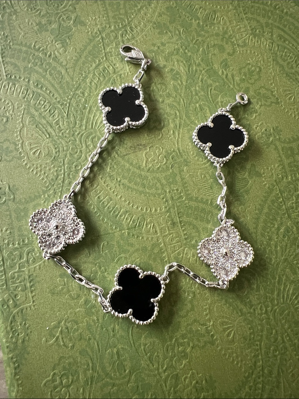 Silver Bracelet with Black Clover rhinestone Motifs floral copper plated silver
